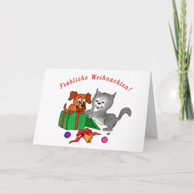 Cartão De Festividades Fröhliche Weihnachten, Hund Katze auf Deutsch (Frente)
