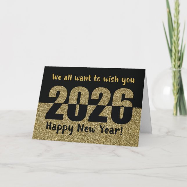 Cartão De Festividades From All of Us Happy New Year 2026, Gold Glitter  (Frente)