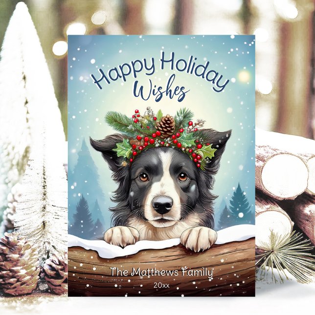 Cartão De Festividades Fronteira Collie na Floresta de Neve Russa Feliz (Adorable Winter Snowy Scene With Peeking Dogs or Farm/Woodland Animals - Over 50 to Choose From!)