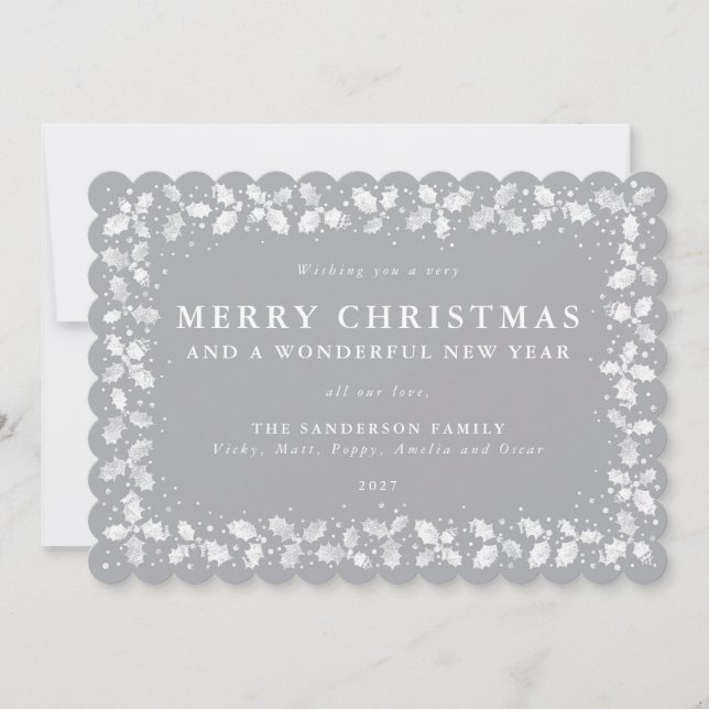 Cartão De Festividades Fronteira de Folhas de Azevinho Cinza Plano Sem Fo (Frente)