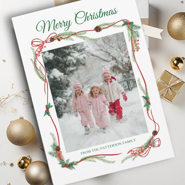 Cartão De Festividades Fronteira do Arco Vermelho Festivo -1 Foto Natal B (Festive Red Bow Border -1 Photo White Christmas Holiday Card)