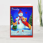 Cartão De Festividades Frosty's Helpers card<br><div class="desc">Corgis help Frosty with his scarf.</div>