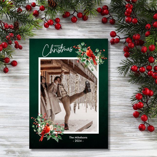 Cartão De Festividades Frutas Vermelhas de Azevinho Verde Feliz Natal Fot (Criador carregado)