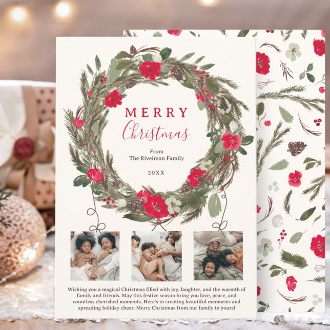 Cartão De Festividades Fúcula festiva de inverno 3 fotos (Winter festive wreath Christmas 3 photos Holiday Card)