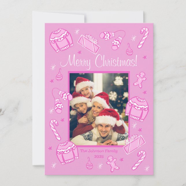 Cartão De Festividades Fun & Festive Pink Doodle Holiday Card (Frente)