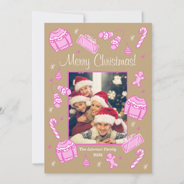 Cartão De Festividades Fun & Festive Pink Doodle Holiday Card (Frente)