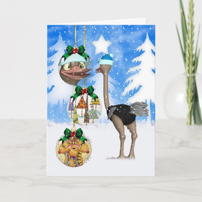 Cartão De Festividades Fun Ostrich Christmas Card - Merry Christmas (Frente)