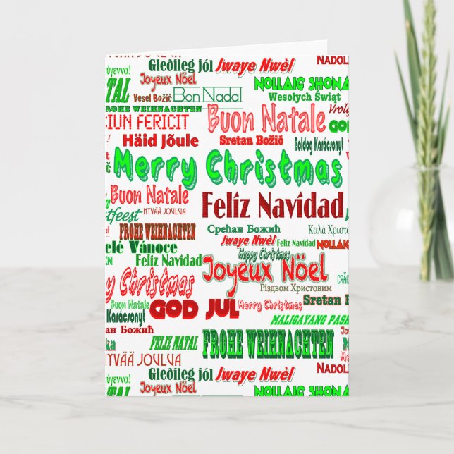 Cartão De Festividades Fun Red Green Merry Christmas in Many Languages (Frente)