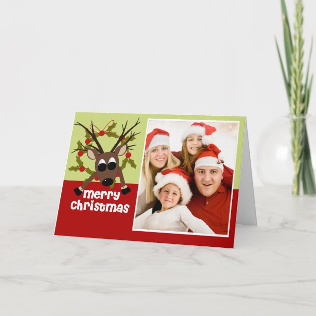 Cartão De Festividades Fun Wacky Reindeer Christmas Photo Greeting Card (Frente)