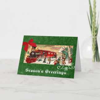Cartão De Festividades Fundo Verde do Motor de Comboio de Natal Vermelho