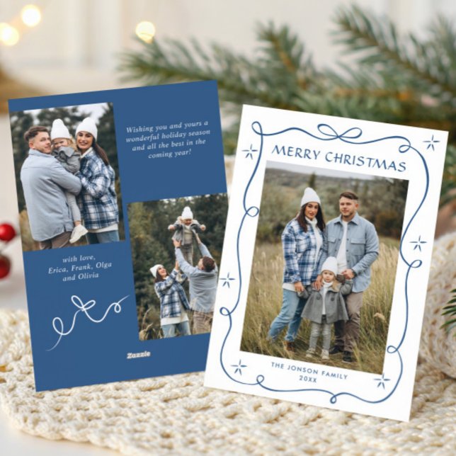 Cartão De Festividades Funky Blue Christmas Bow Ribbon 3 Photo (Criador carregado)