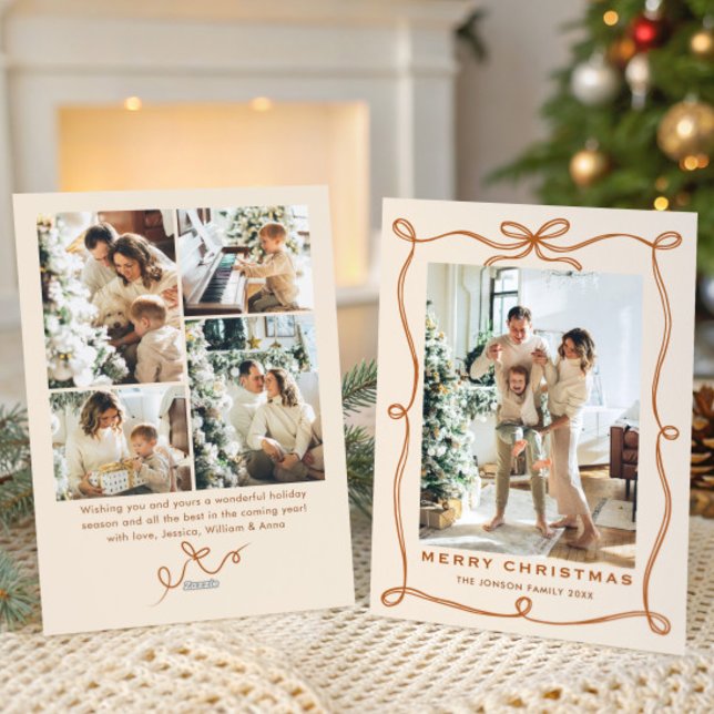 Cartão De Festividades Funky Christmas Boho Beige Bow Ribbon 5 Photo (Criador carregado)