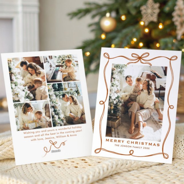 Cartão De Festividades Funky Christmas Boho Beige Bow Ribbon 5 Photo (Criador carregado)