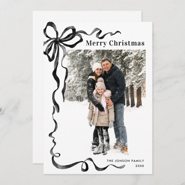 Cartão De Festividades Funky Christmas Boho Black Bow Ribbon 2 Photo (Frente/Verso)