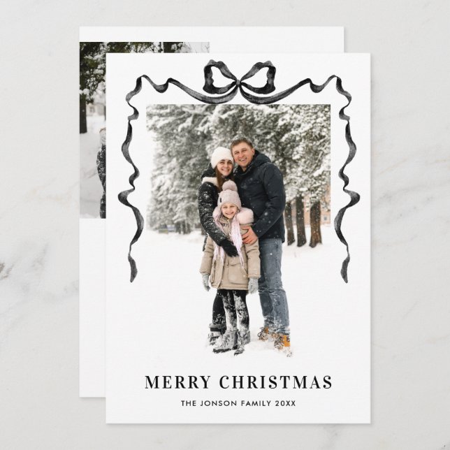 Cartão De Festividades Funky Christmas Boho Black Bow Ribbon 3 Photo (Frente/Verso)