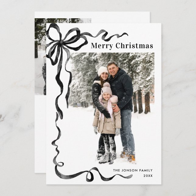 Cartão De Festividades Funky Christmas Boho Black Bow Ribbon 3 Photo (Frente/Verso)