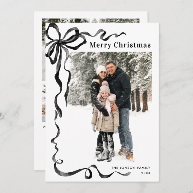 Cartão De Festividades Funky Christmas Boho Black Bow Ribbon 5 Photo (Frente/Verso)