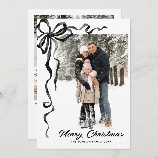 Cartão De Festividades Funky Christmas Boho Black Bow Ribbon 5 Photo (Frente/Verso)