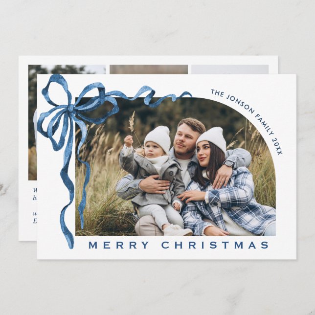 Cartão De Festividades Funky Christmas Boho Blue Bow Ribbon 4 Photo (Frente/Verso)