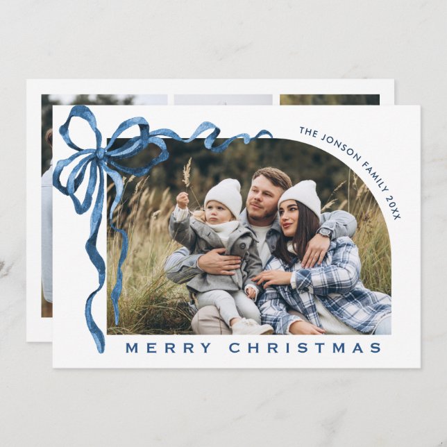 Cartão De Festividades Funky Christmas Boho Blue Bow Ribbon 4 Photo (Frente/Verso)