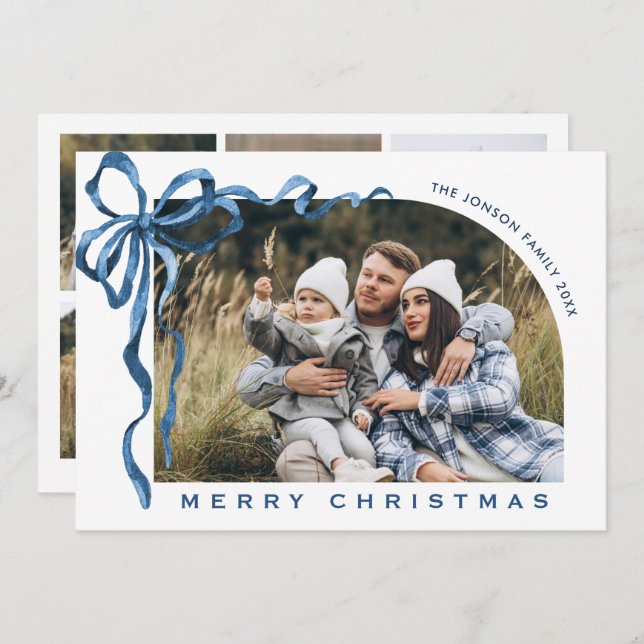 Cartão De Festividades Funky Christmas Boho Blue Bow Ribbon 6 Photo (Frente/Verso)