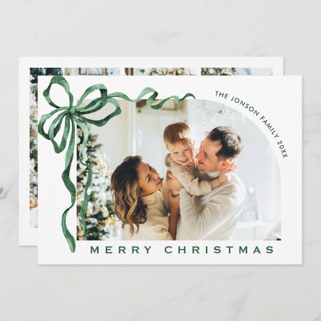 Cartão De Festividades Funky Christmas Boho Green Bow Ribbon 4 Photo (Frente/Verso)