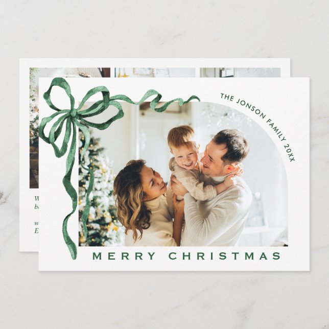 Cartão De Festividades Funky Christmas Boho Green Bow Ribbon 4 Photo (Frente/Verso)
