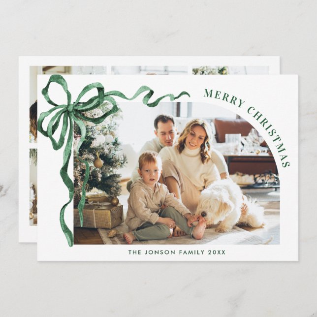 Cartão De Festividades Funky Christmas Boho Green Bow Ribbon 6 Photo (Frente/Verso)