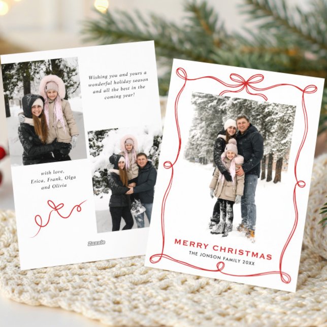 Cartão De Festividades Funky Christmas Boho Red Bow Ribbon 3 Photo (Criador carregado)