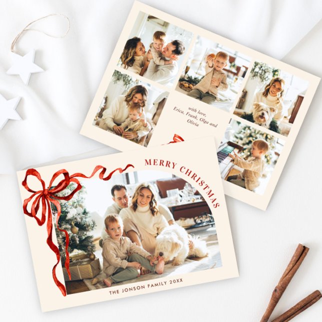 Cartão De Festividades Funky Christmas Boho Red Bow Ribbon 6 Photo (Criador carregado)