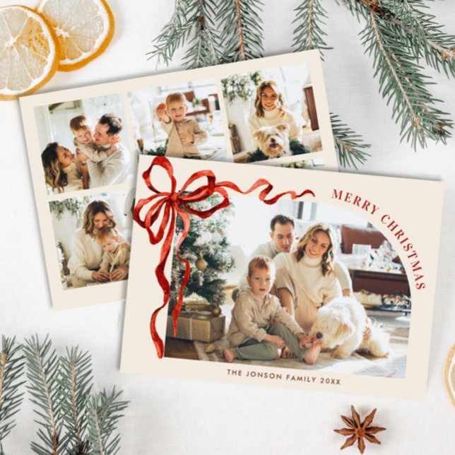 Cartão De Festividades Funky Christmas Boho Red Bow Ribbon 6 Photo (Criador carregado)