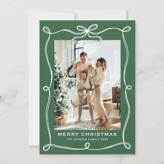 Cartão De Festividades Funky Christmas Sage Green Bow Ribbon 3 Photo (Frente)