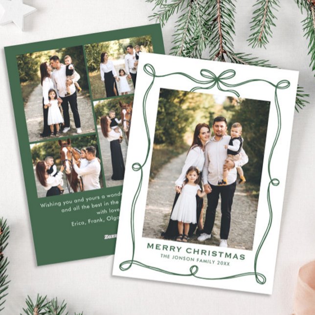 Cartão De Festividades Funky Green Christmas Bow Ribbon 5 Photo (Criador carregado)