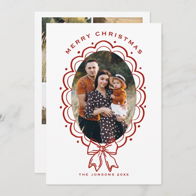 Cartão De Festividades Funky Hand Drawn Christmas Red Bow 5 Photo (Frente/Verso)