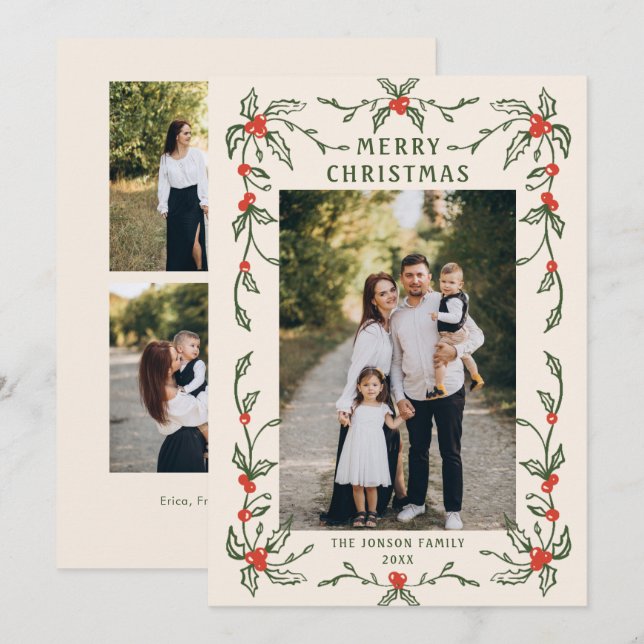 Cartão De Festividades Funky Hand Drawn Whimsical Retro Natal 3 Foto (Frente/Verso)