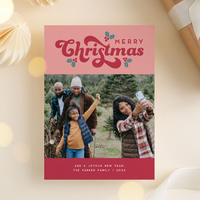 Cartão De Festividades Funky Retro 70s Feliz Foto de Natal (funky retro 70s merry christmas photo card)