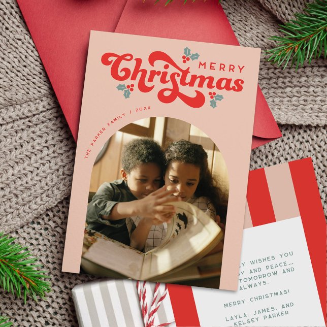 Cartão De Festividades Funky Retro 70s Feliz Foto de Natal (retro 70s photo Christmas card with arch photo placeholder)