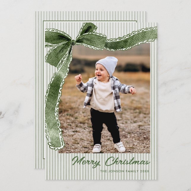 Cartão De Festividades Funky Sage Green Christmas Bow Ribbon 2 Photo (Frente/Verso)