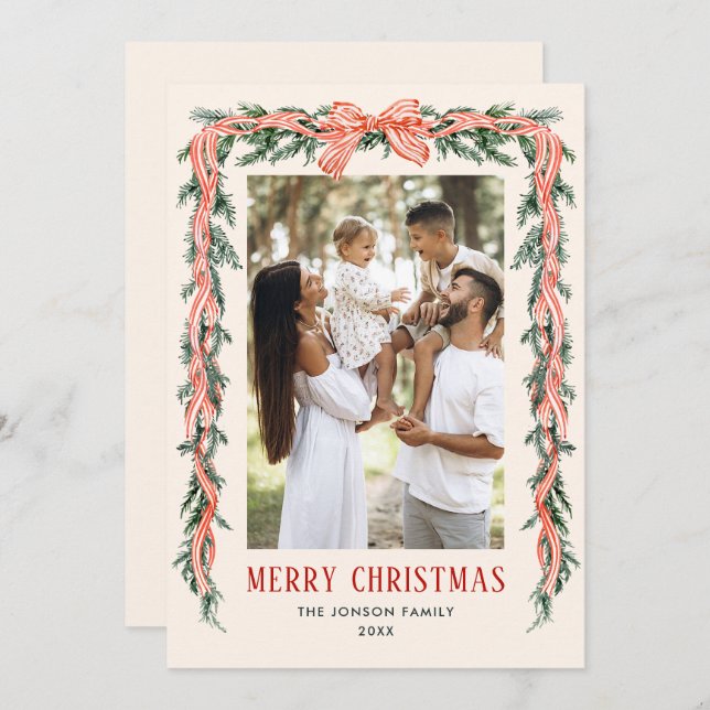 Cartão De Festividades Funky Sage Green Christmas Bow Ribbon 2 Photo (Frente/Verso)