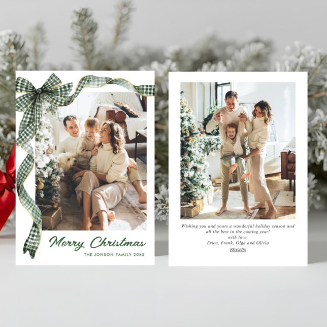 Cartão De Festividades Funky Sage Green Christmas Bow Ribbon 2 Photo (Criador carregado)
