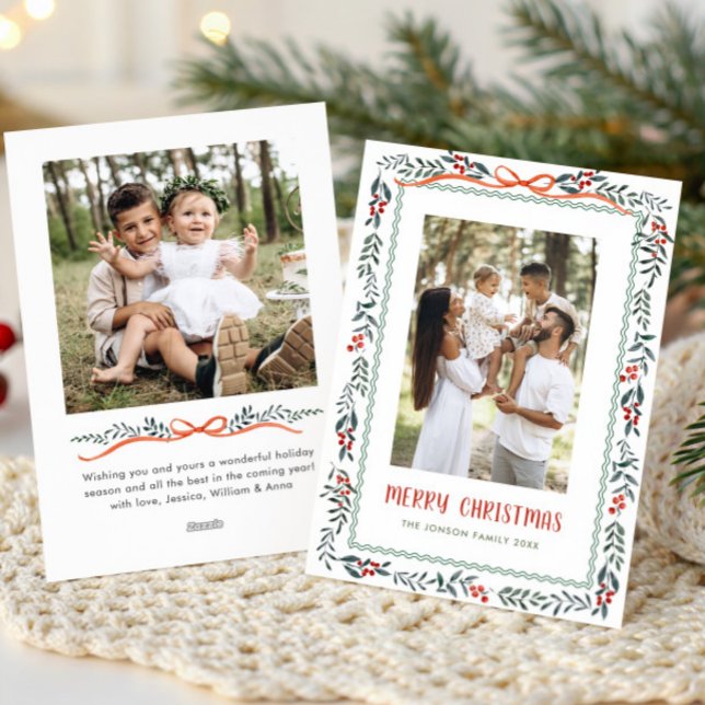 Cartão De Festividades Funky Sage Green Christmas Bow Ribbon 2 Photo (Criador carregado)