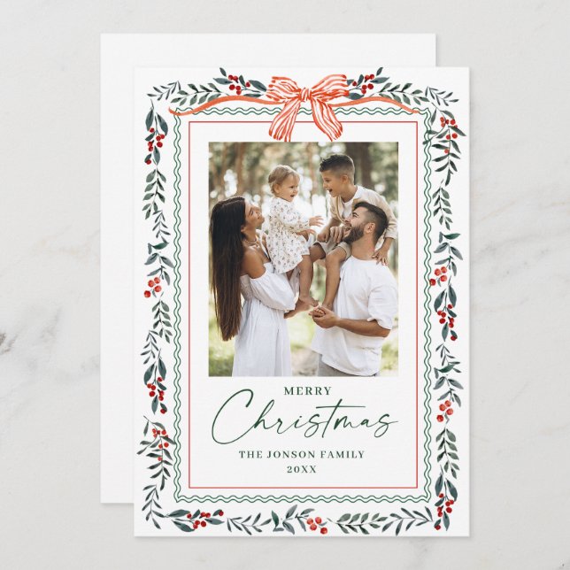 Cartão De Festividades Funky Sage Green Christmas Bow Ribbon 2 Photo (Frente/Verso)