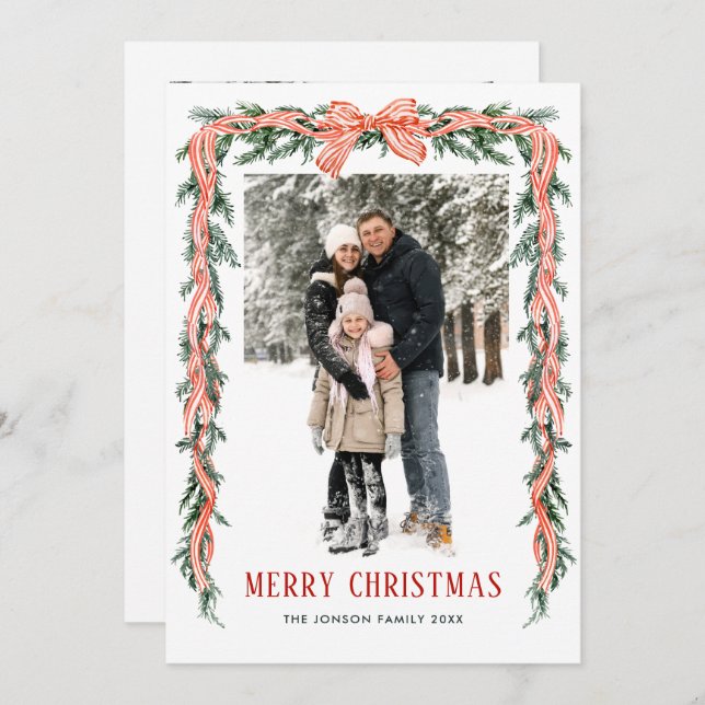 Cartão De Festividades Funky Sage Green Christmas Bow Ribbon 2 Photo (Frente/Verso)