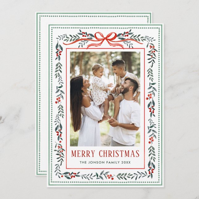 Cartão De Festividades Funky Sage Green Christmas Bow Ribbon 2 Photo (Frente/Verso)