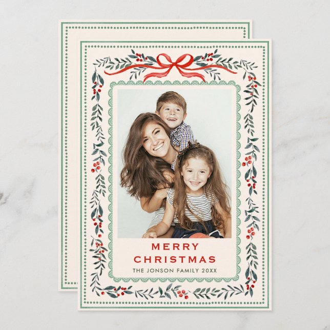 Cartão De Festividades Funky Sage Green Christmas Bow Ribbon 2 Photo (Frente/Verso)