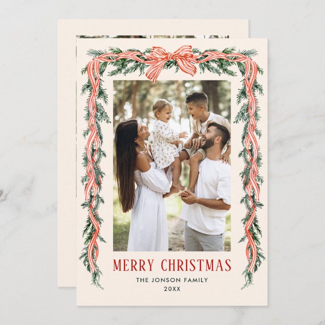 Cartão De Festividades Funky Sage Green Christmas Bow Ribbon 5 Phot (Frente/Verso)