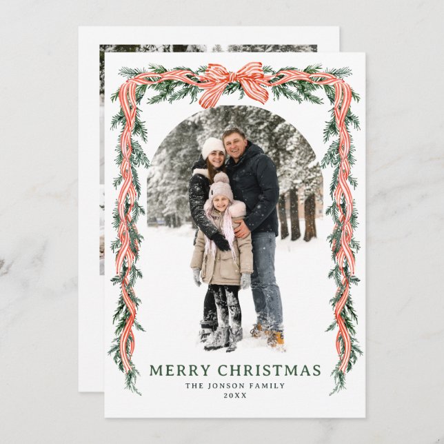 Cartão De Festividades Funky Sage Green Christmas Bow Ribbon 5 Photo (Frente/Verso)