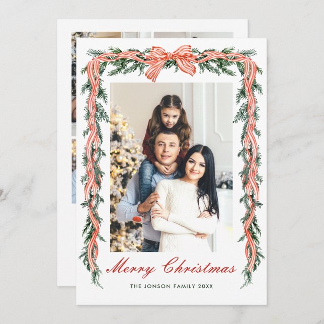 Cartão De Festividades Funky Sage Green Christmas Bow Ribbon 5 Photo (Frente/Verso)