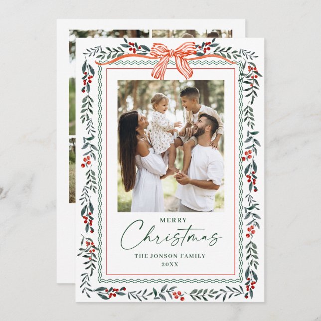 Cartão De Festividades Funky Sage Green Christmas Bow Ribbon 5 Photo (Frente/Verso)