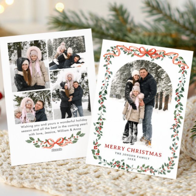 Cartão De Festividades Funky Sage Green Christmas Bow Ribbon 5 Photo (Criador carregado)